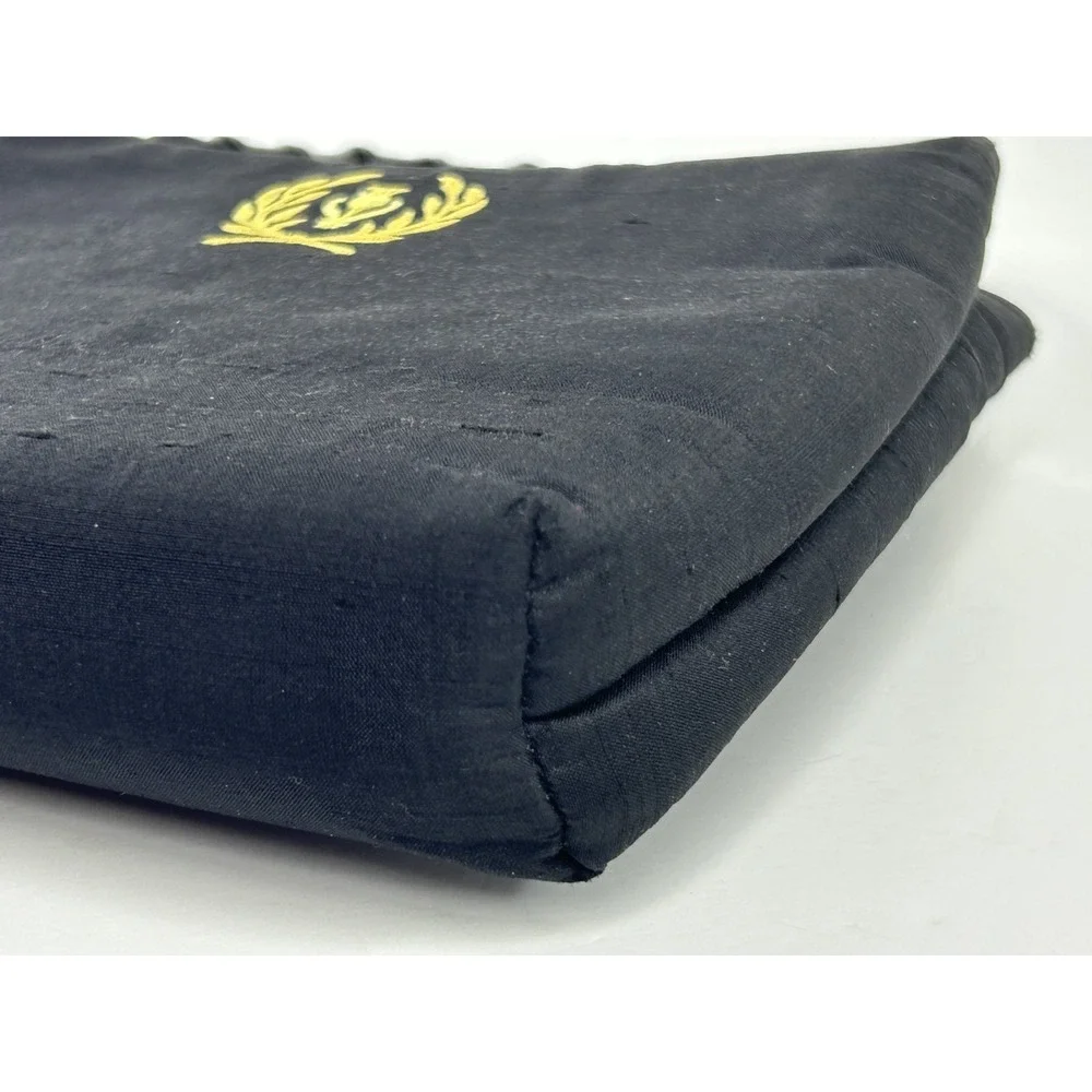 Vintage Mc Designs by Marjorie Purse Black Raw Silk Bamboo Handles Thistle Crest